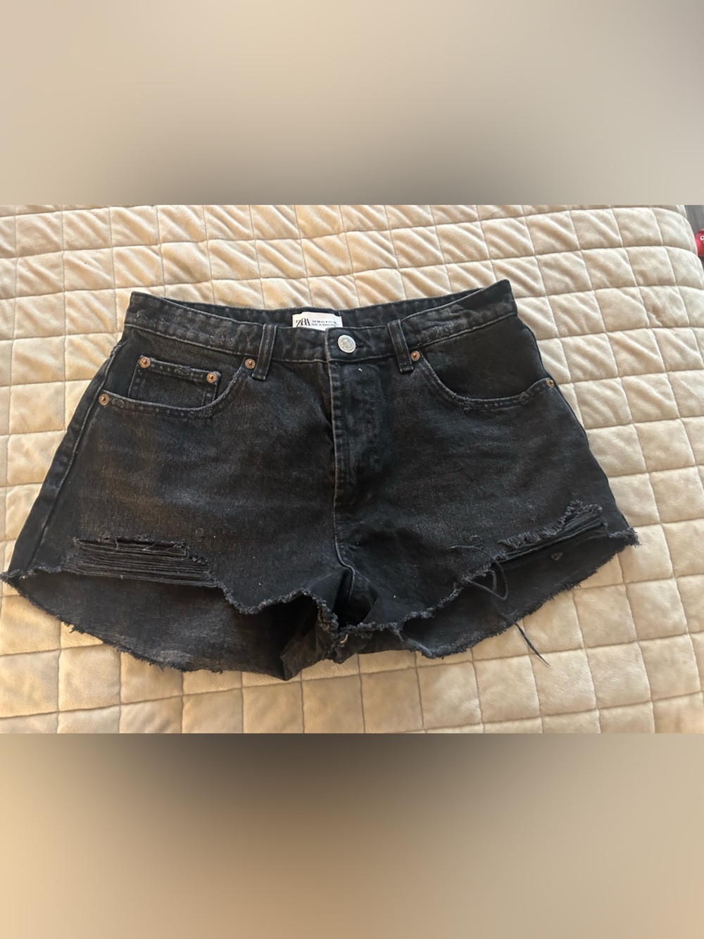 Zara Black Distressed Denim Shorts